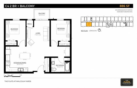 Floor plan for 2 beds, 1 bath, 886 sqft